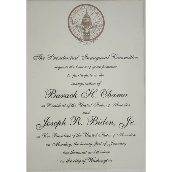 Official 2013 Barack Obama Joe Biden Presidential Inauguration Invitation