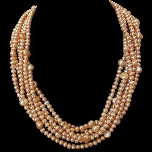 Vintage Sterling Silver Freshwater Champagne Six Strand Chunky Necklace