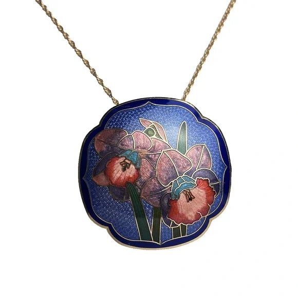 Vintage Cloisonné Style Enamel Floral Pendant Necklace Gold Tone Art Deco Look