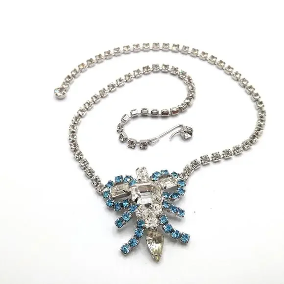 Mid-Century Turquoise Blue Clear Rhinestone Choker Necklace, Rhodium Plated
