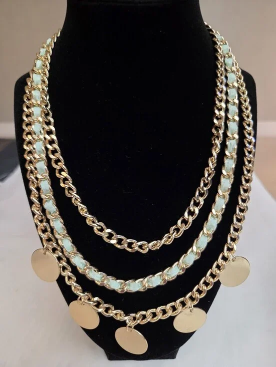 Gold-Tone Layered Chain Necklace with Mint Accents