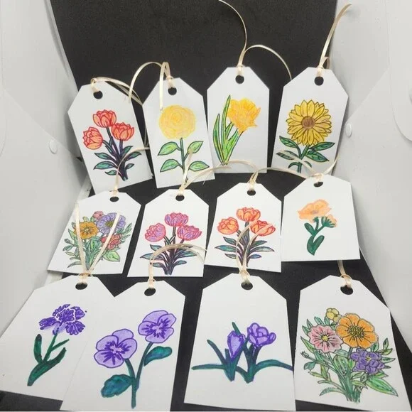 Hand Crafted  Floral  Colorful Gift Tags Thank You Cards Set of 12