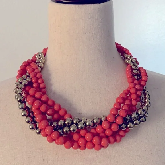 Coral Pink & Gold Braided Bead Statement Necklace