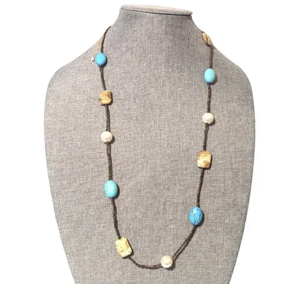Lia Sophia Bohemian Long Seed Bead Natural Jasper Stone Turquoise Necklace