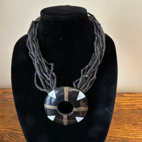 Vtg Multi Strand Beaded Statement Necklace Black Geometric Shell Pendant 22.5
