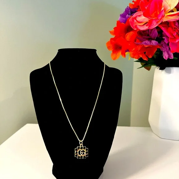 Gold and Black GG Gucci Crystal Charm with Necklace