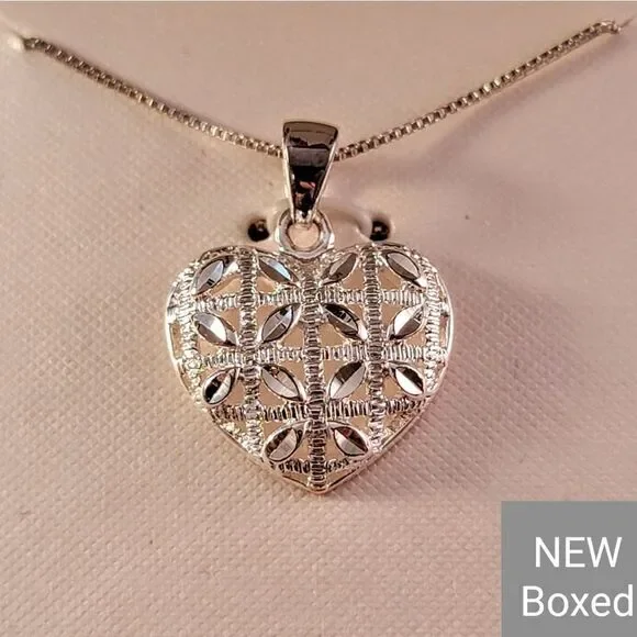 Sterling Openwork Diamond Cut Heart Pendant Necklace - New in Box
