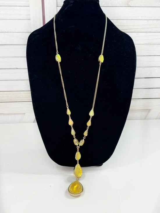 Vintage QVC Iridescent Yellow Honey Teardrop Y Statement Necklace Gold Tone Long