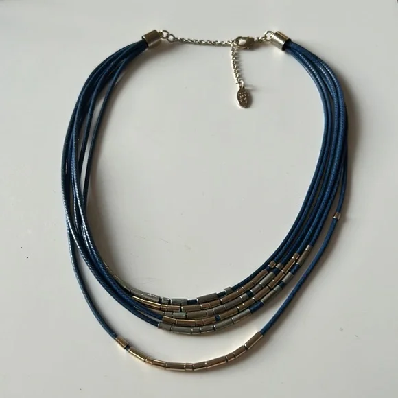 Ann Taylor Loft Multi Strand Leather Collar Necklace Gold Tone Curved Beads.