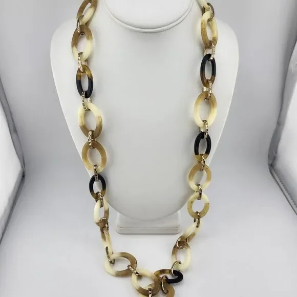 Chicos Acrylic Chunky Marbles‎ Link Rustic Gold Tone Necklace
