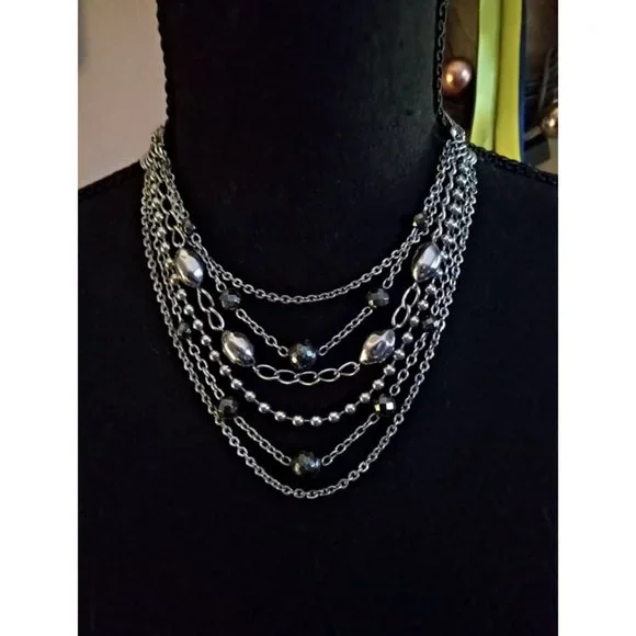 Silver Stainless Steel Chain Necklace Milor China Beaded Layered Draped Vintage