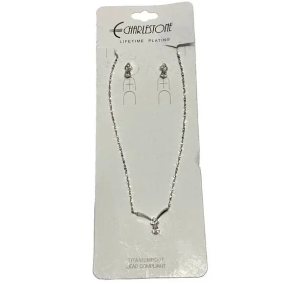 Charlestone Jewelry Set‎ Necklace and Earrings Silvertone Lifetime Plating NWT