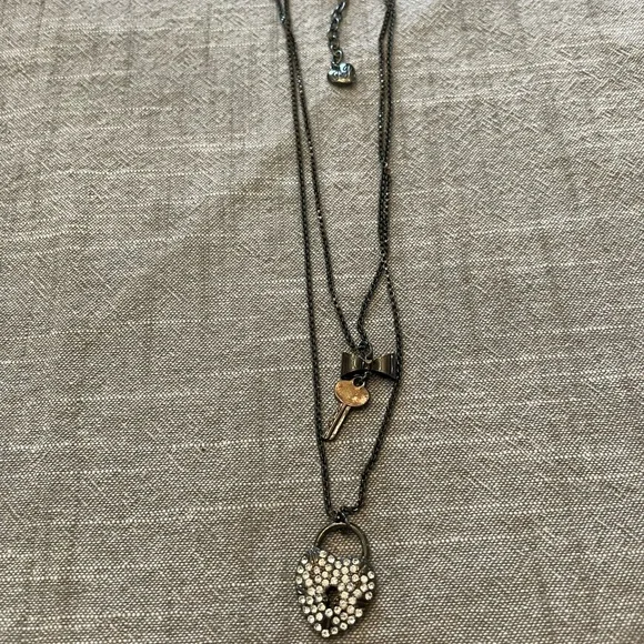 Betsey Johnson Black and Silver lock and key Layered Heart Necklace