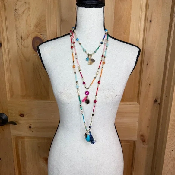 Chico's‎ Triple Strand Boho Layered Necklace Beaded with Tassels & Charms
