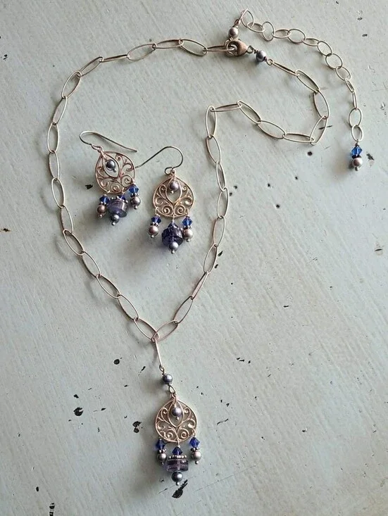 Delicate Silver Filigree Necklace & Earrings Set with Blue Accents