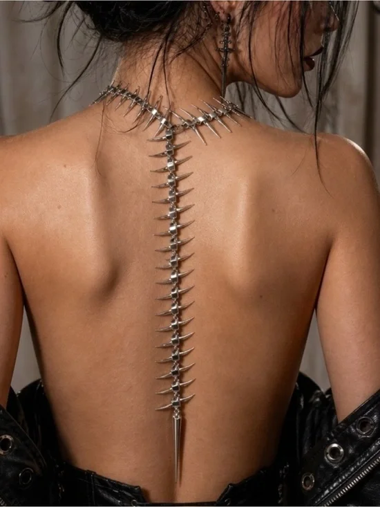 Silver Skeleton Spine Bones Back Chain Necklace
