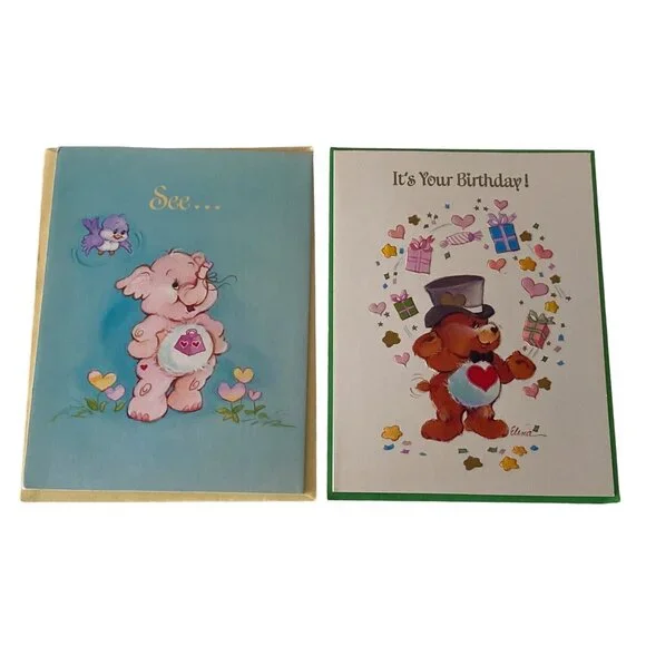 2 VTG American Greetings Cards CAREBEARS Forget Me Not Happy Birthday
