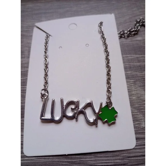 Silvertone LUCKY Necklace‎ with Four Leaf Clover