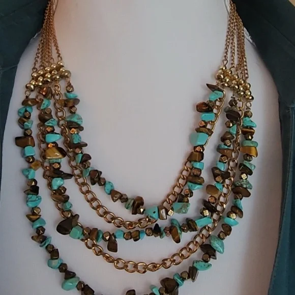 Turquoise & Tiger’s Eye Style Multi-Strand Beaded Statement Necklace – Boho Chic