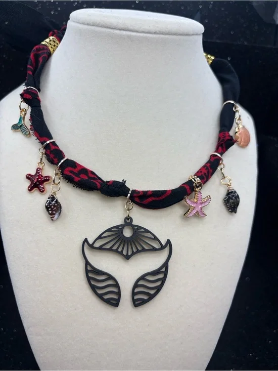 Coastal Braided Bandana Charm Necklace  Whale Tail, Seashell & Starfish Charms