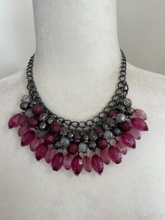 Pink Purple Gunmetal Teardrop Bead Necklace Gothic Vampire Whimsigoth Victorian