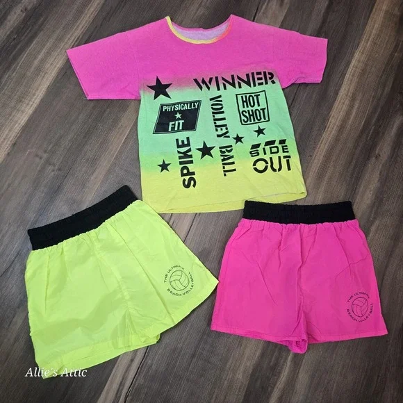 Girls 90s Vintage Volleyball T-Shirt Shorts Set Neon Pink Green Single Stitch 8*