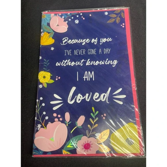 Mothers Day Greeting Card Navy Blue Floral Gold Foil Because Of You I Am Loved