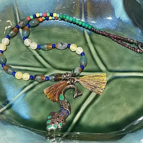 Handcrafted by Me Mumti Gemstone Boho Peacock Charm Necklace 20” with Earrings