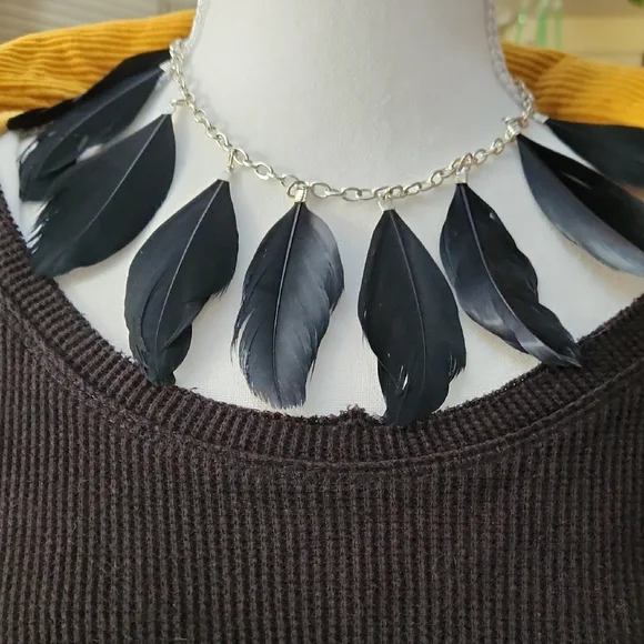 Black Feather Silver Chain Necklace Classic Choker Jewelry