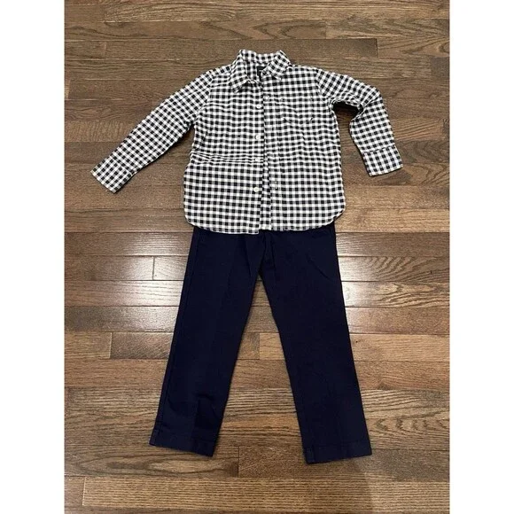 Boys Gingham Button Down And Navy Chino Pants Set Gap Kids & Crewcut Sz 4-5