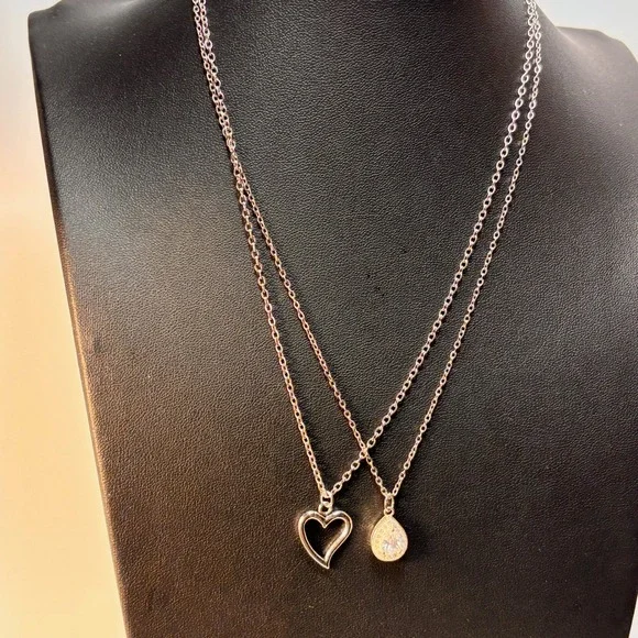 Necklace Set Silver Heart Teardrop Rhinestone Pendant Y2K Coquette