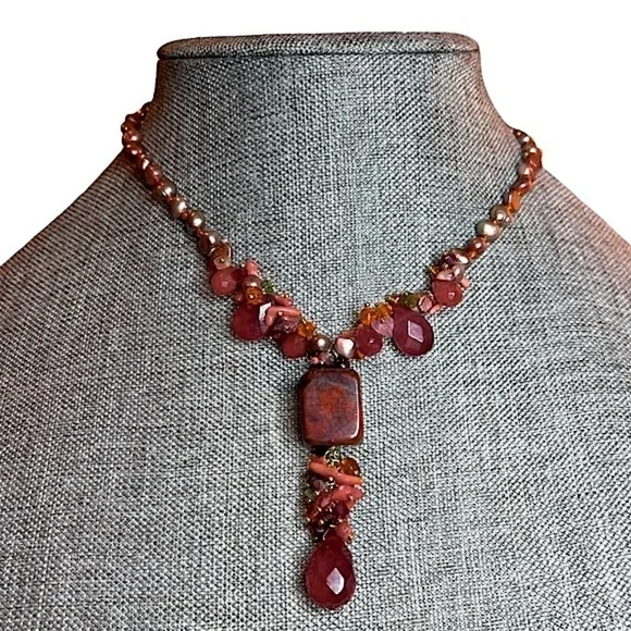 Handmade Red Agate, Coral, Freshwater Pearls, Amethyst &‎ Glass Beaded Necklace