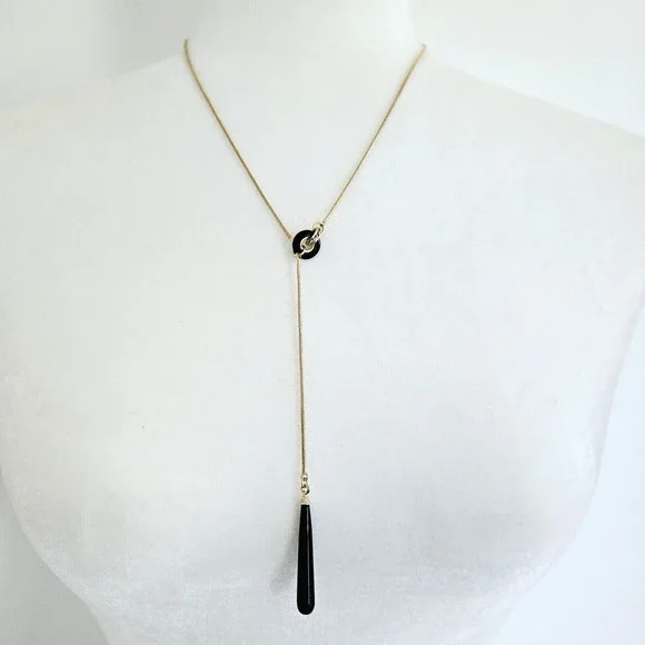 Liz Claiborne Necklace Goldtone Y Drop Chain Black Teardrop Pendant Modern Sleek