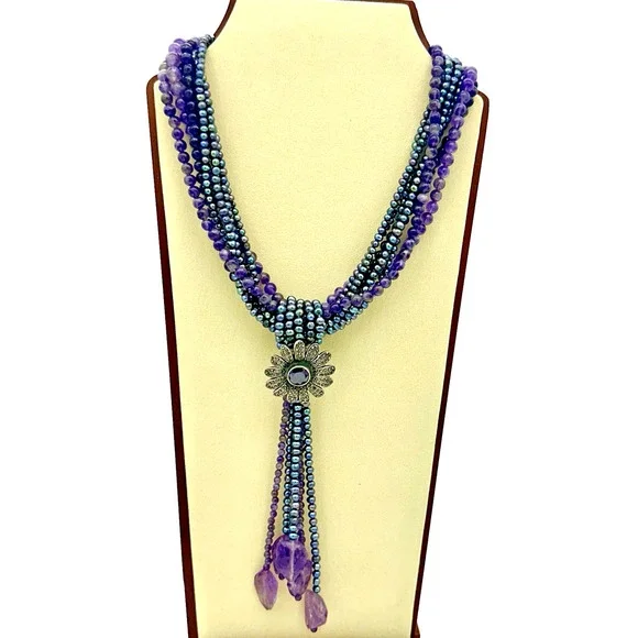 VTG Sterling Silver Natural Pearl Amethyst & Marcasite Statement Necklace Chunky