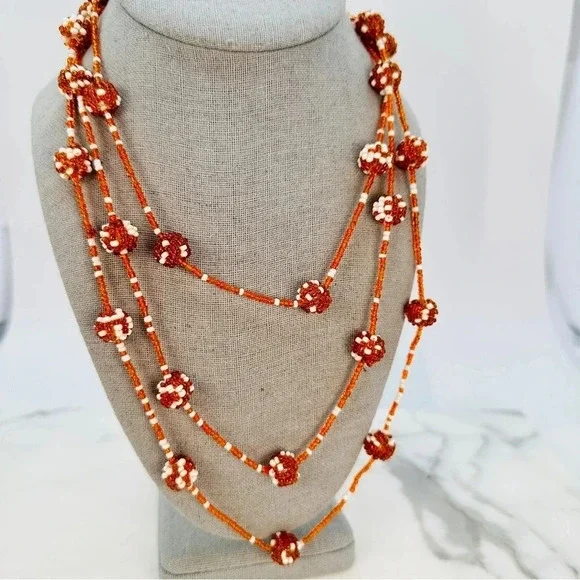Vintage Beaded Station Necklace Very Long 62” Burnt Orange Polka Dot Est…