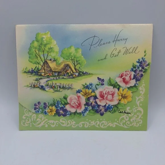 Vintage Carlson Pop Up Get Well Card Cottage‎ Floral Design