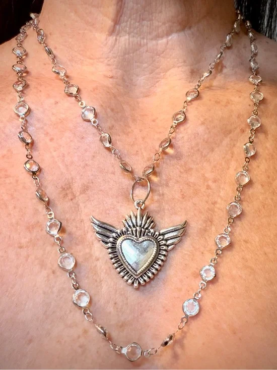Silver winged Heart Necklace - Women's Silver & rhinestone Magnetic clasp