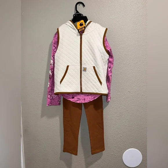NWT Carhartt Kids 3-Piece Set Quilted Vest, Pink Horse Print Tee & Leggings 4T