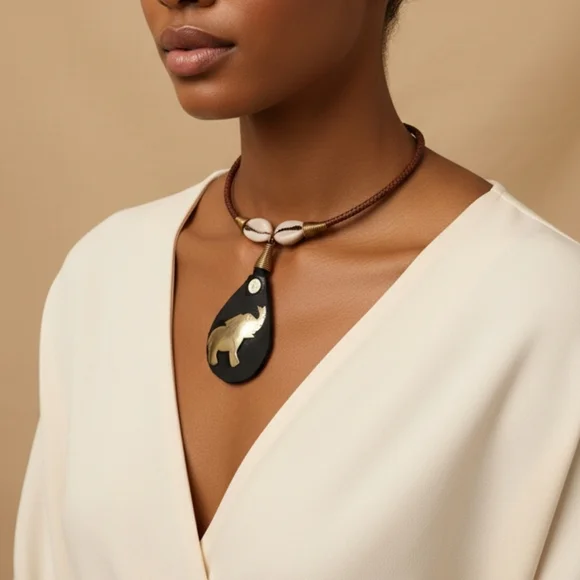 Elegant Black and Gold Elephant Desigh Handmade Pendant Necklace