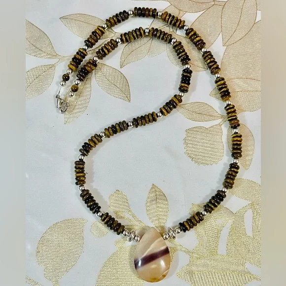 Vtg Southwest Hematite Pearl Bench Beads Tiger Eyes   Pendant Necklace 21”