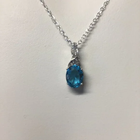 CZ Cubic Zirconia Aqua Drop Pendant Sterling Silver  Necklace -18 inches