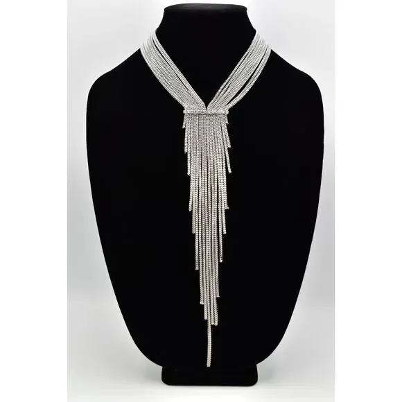 Vintage Y2K Fringe Necklace Crystal Multi-Chain Y-Drop Silver Tone Chunky Bin3B