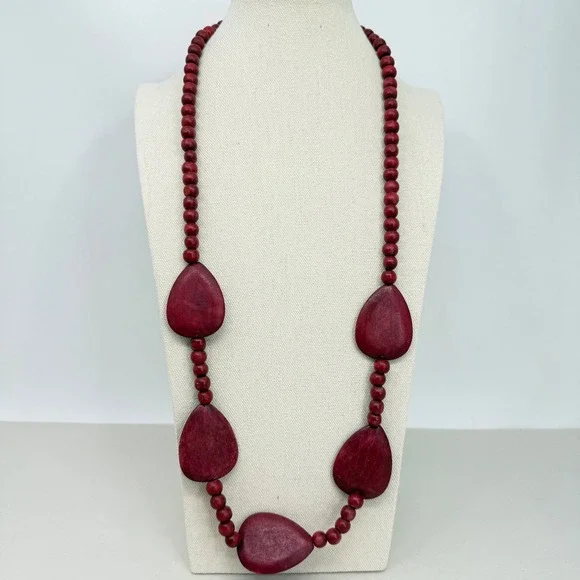 Wood Bead Long Necklace Teardrop Statement Boho Artsy Maroon Burgundy Red