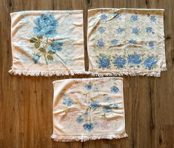 Vintage Cannon Towel 3 Blue Rose Floral Fringed Terrycloth Bath Towels MCM 70s