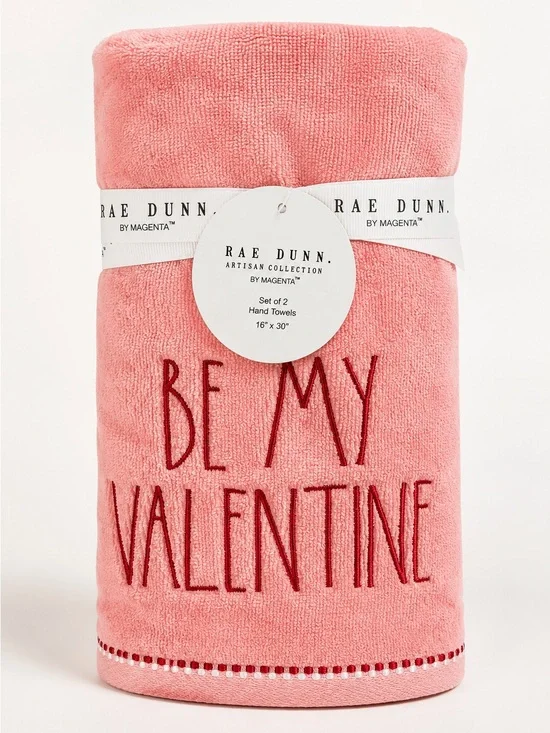 NWT Rae Dunn “Be My Valentine” Hand Towels Set of 2 | Pink Embroidered 16x30