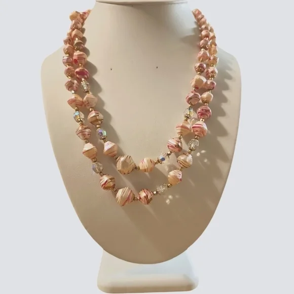Vintage Hong Kong Pink Splatter lucite and crystals necklace