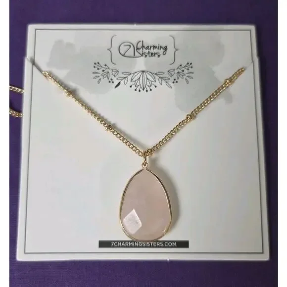 Rose Quartz Teardrop Pendant Necklace On Gold Tone Satellite Station Chain