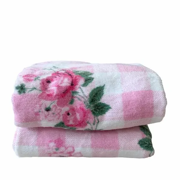 2pc Betsy Johnson Pink Gingham Floral  Hand Towels 100% Cotton 16x26 NEW
