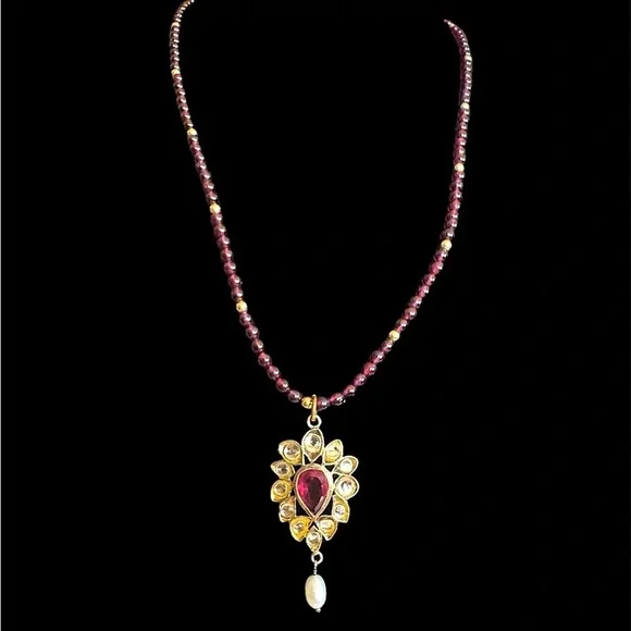 Gold Filled Bezel Set Garnet & Pearl Pendant Estate Necklace