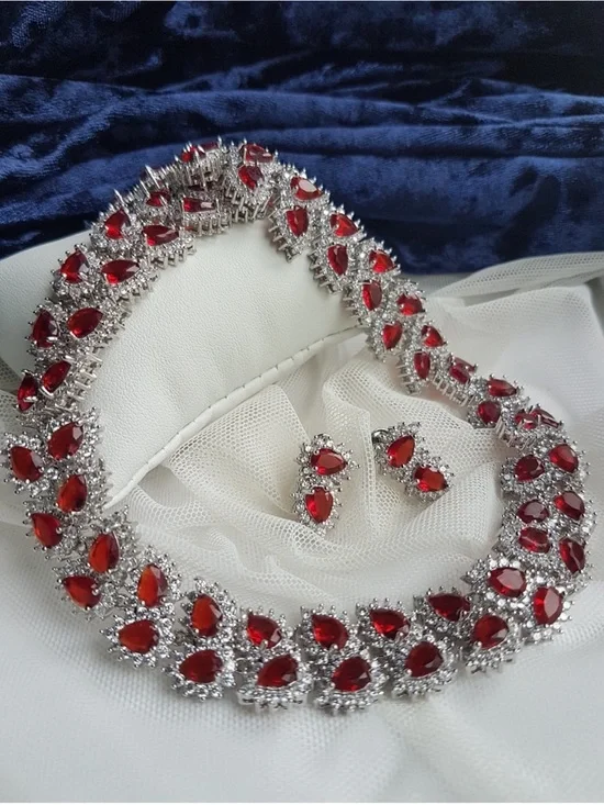 Swarovski Elements Platinum Ruby Red All-around Tennis Necklace & Earrings SET